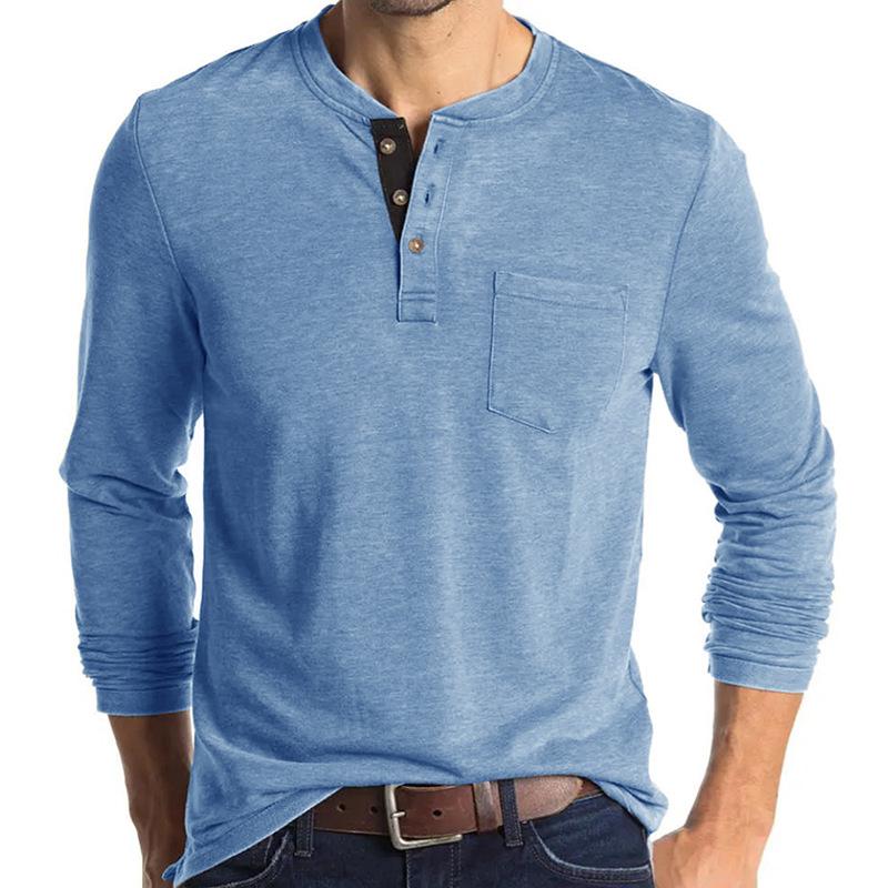 Beauty Vintage Casual Round Neck T-shirt Men's Solid Button Patchwork Pocket Trendy Versatile Cotton Breathable Long Sleeve Top