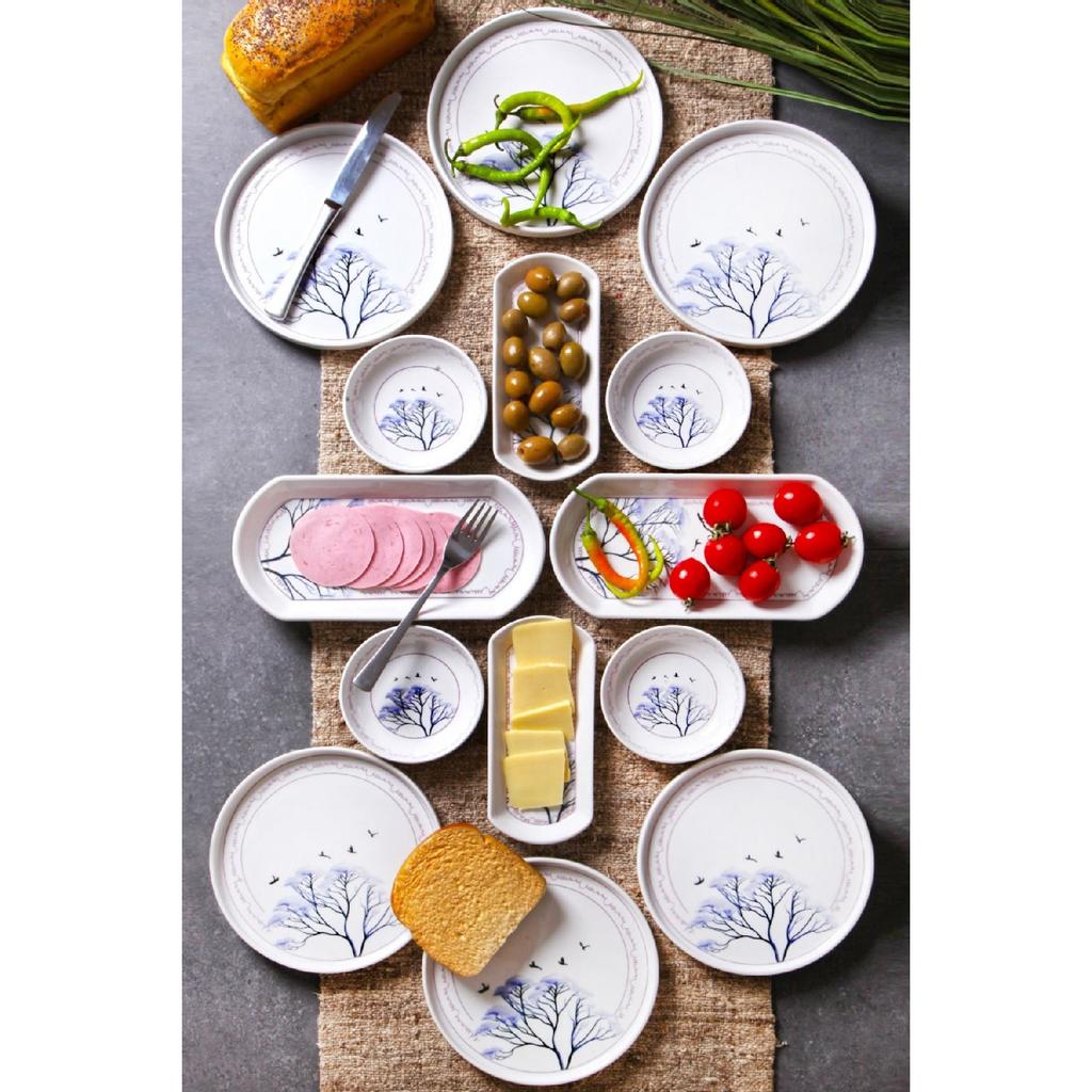 Blue Plane Tree Patterned Luxury Ceramic 14 Piece Elegant Breakfast Set For 6 Persons