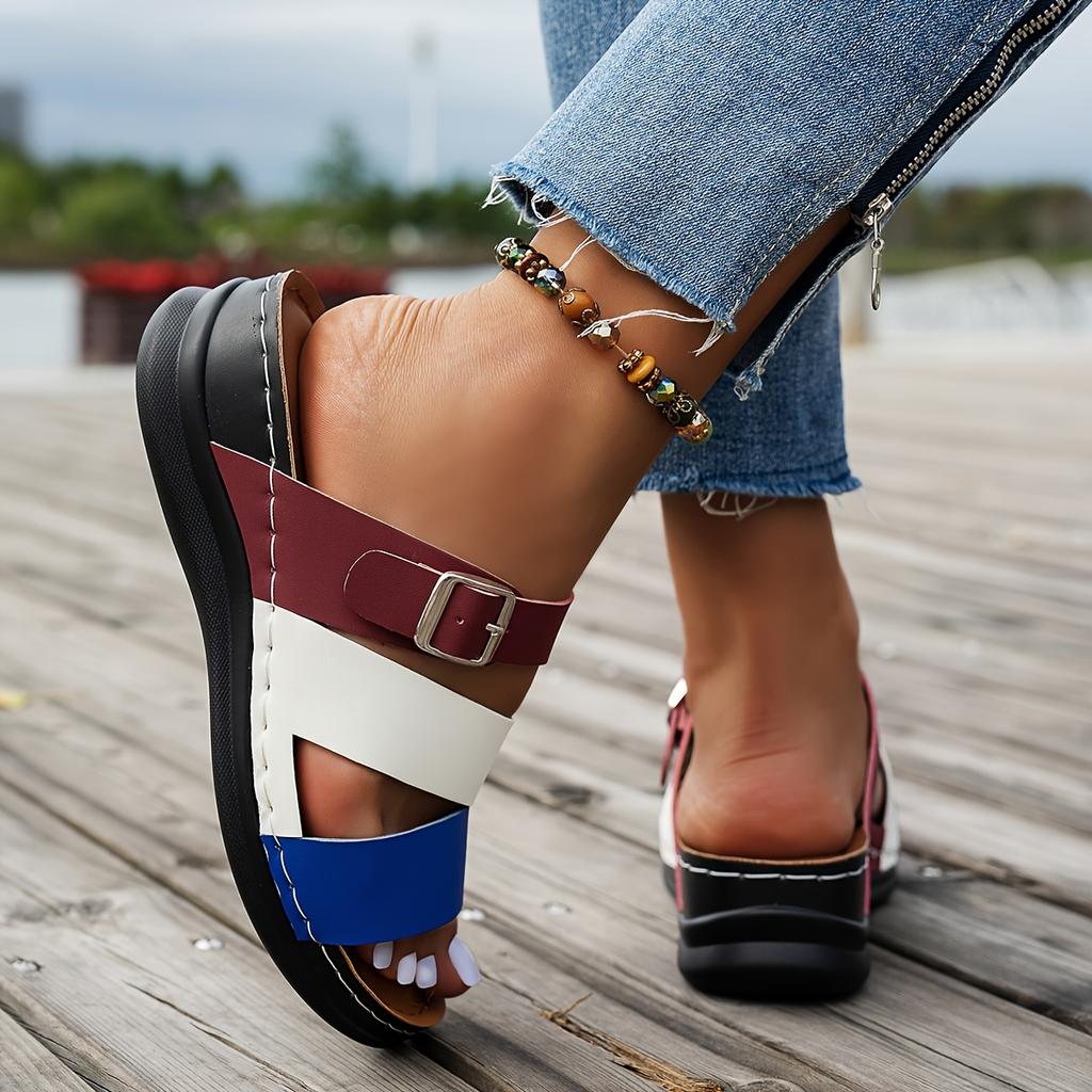 Ladies' Classic Slope Heel Sandals - Comfortable, Lightweight, Set On Style, Open Toe Design, Color Blocked Belt Buckle, Simple Slippers