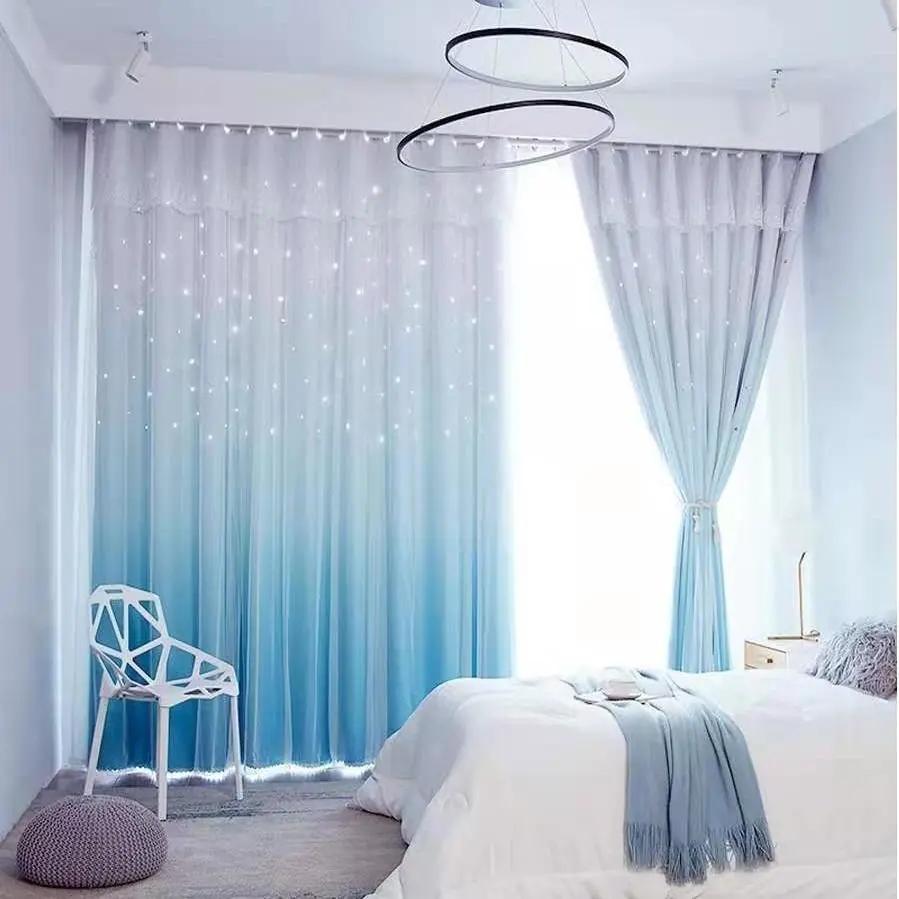 2 шт., простая градиентная цветная занавеска со звездами, занавеска принцессы Ins с высоким затемнением, для спальни, гостиной, двойная тканевая марлевая занавеска