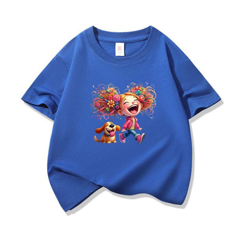 Kids Cotton T Shirt Laughing Rainbow Hair Girl With Puppy Dog Print Crew Neck Short Sleeve Tee Casual Boys Girls Summer Tops
