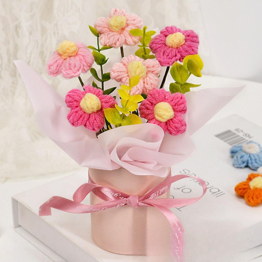 Finished Crochet Flowers Bouquet Cream Puffs Flower Handmade Artificial Flowers Decor Knitted Flower Bouquet