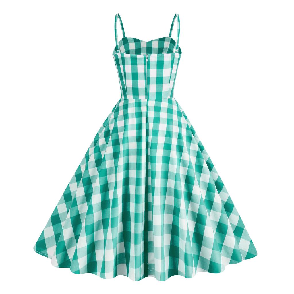 Fresh and breezy holiday-style pink checked striped high-waisted midi dress