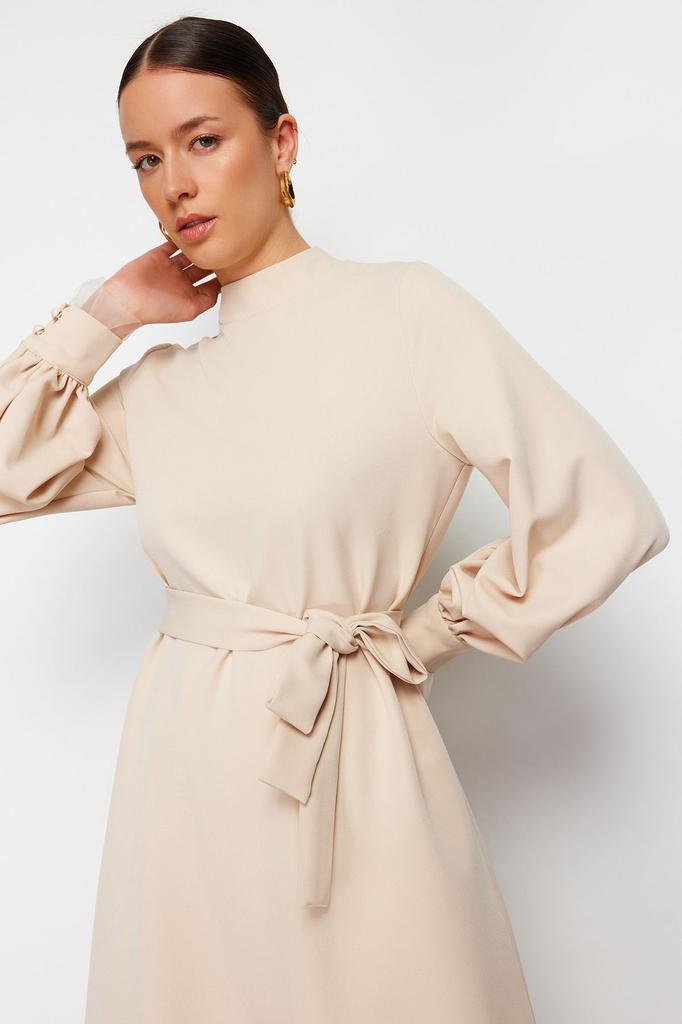 Women's Fashion Ecru High Collar Sash Detailed Woven Dress