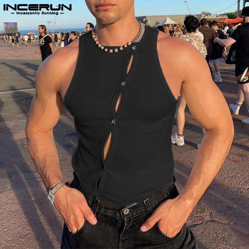 INCERUN Летние мужские вязаные пляжные майки без рукавов на пуговицах