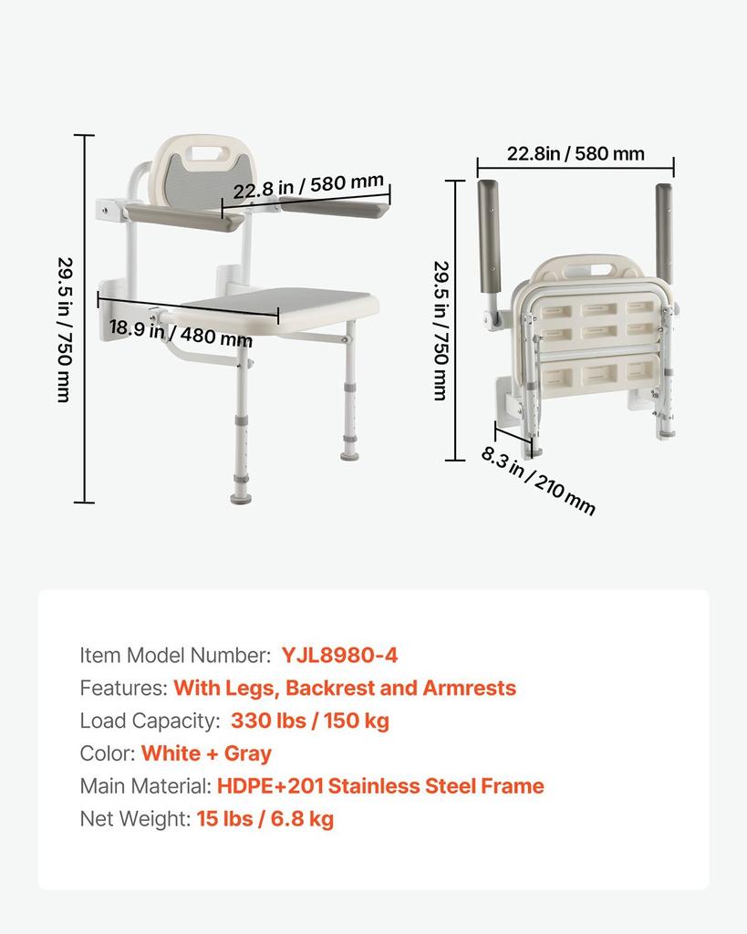 Foldable Shower Chair Wall Mounted, 457mm Folding Shower Seat with Backrest, Armrest & Adjustable Legs, HDPE Fold-Down Bathroom Chair Stainless Steel