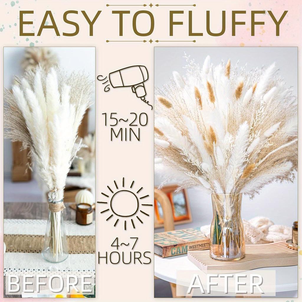 95Pcs Natural Dried Pampas Grass Bouquet for Home Decor Vase Filler Fluffy Dried Fall Pampas for Table Decor Wedding Decor Rustic Decor