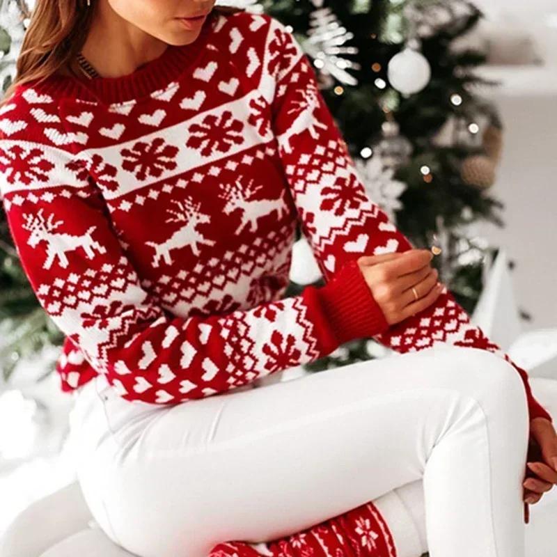 Winter Christmas Sweater for Women Jacquard Knitted Long Sleeve Clothes Warm Thicken Jumpers Pullover Tops Knitwear