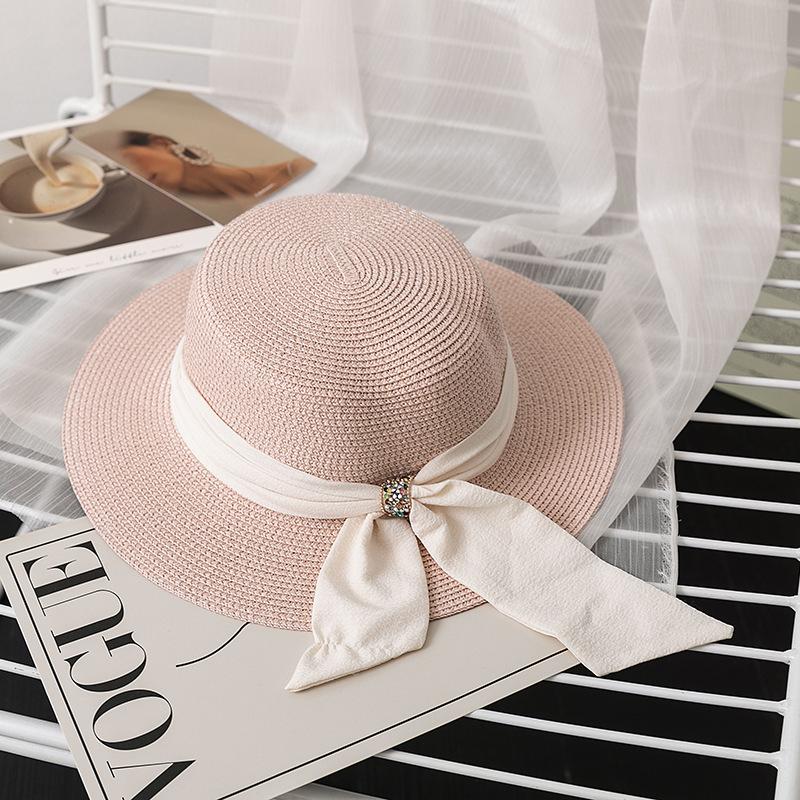 Women's Fashionable Straw Sun Hat with Floral Bow, Summer Beach and Seaside Protection