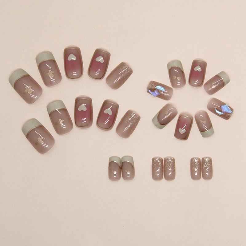 Sweet Blush Burst Flash Milk Yellow Love French Glass Broken Diamond Manicure Pieces Fake Nail Finished 24 Pieces