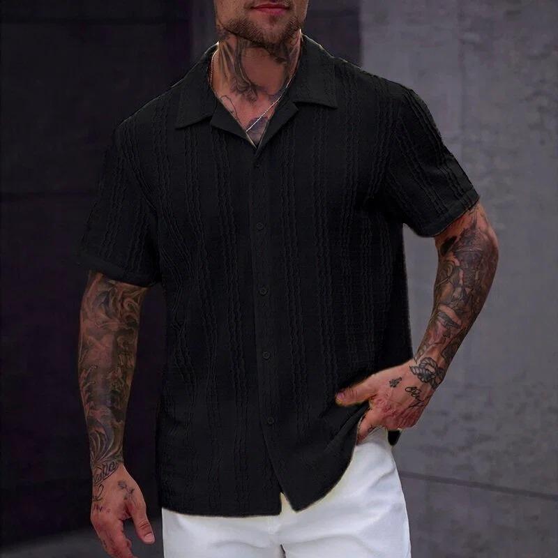 Men S Short Sleeve Striped Tropical Style Loose Turn Down Collar Casual Shirt