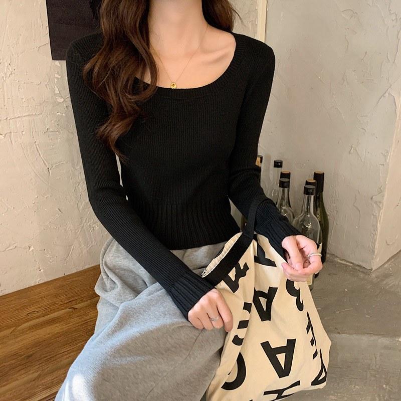 Женская весна-осень с квадратным воротником и длинным рукавом, однотонная тонкая верхняя одежда, короткий вязаный свитер