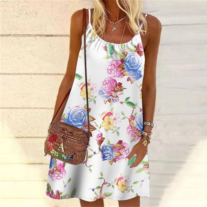 Женское мини-платье с цветочным принтом и розами без рукавов, летнее пляжное платье, сарафан