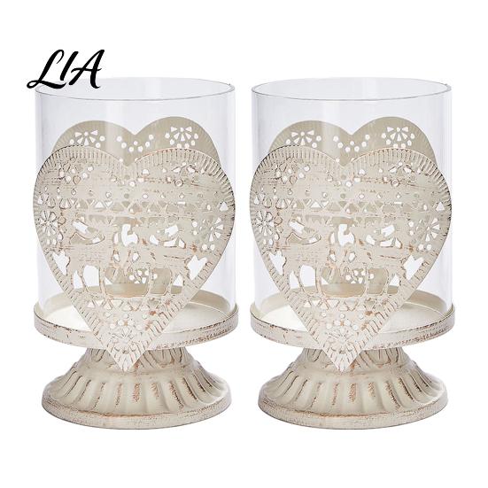 Glass Metal Candle Lamp 2Pcs Christmas Hollow Holder, Vintage Tabletop Tealight Lantern, Xmas Seasonal Atmosphere Light Elk, Tree, Star & Heart
