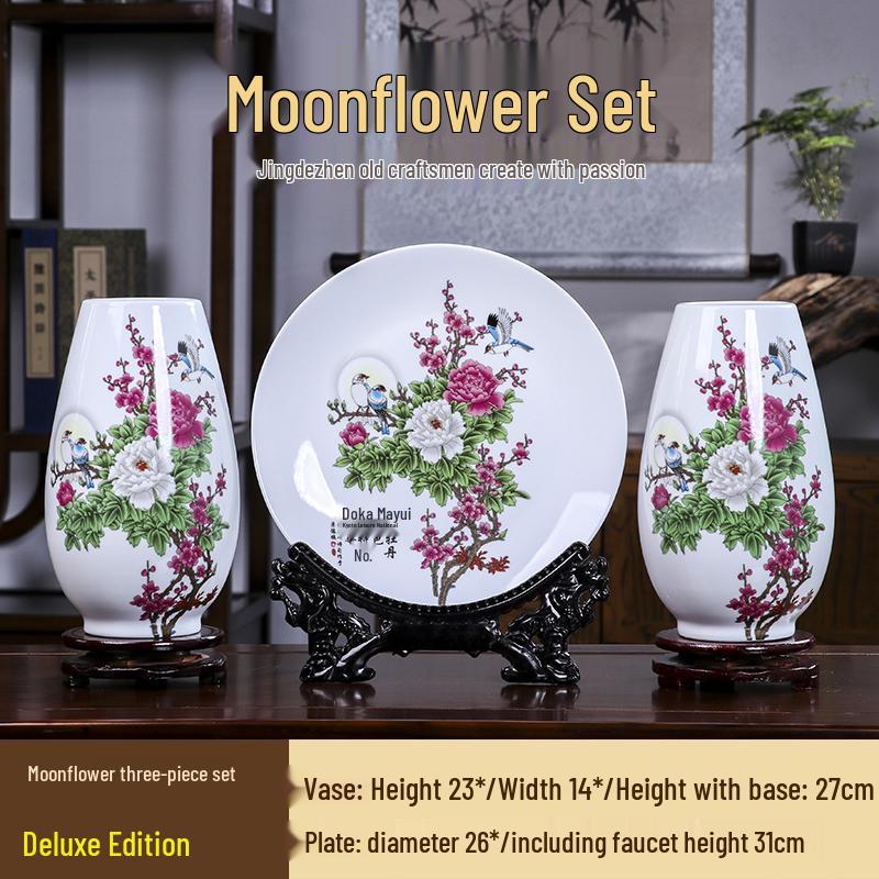 Good Fortune Jingdezhen Ceramic Vase Set: 3-Piece Décor for Living Room, Curio Shelf, or TV Cabinet