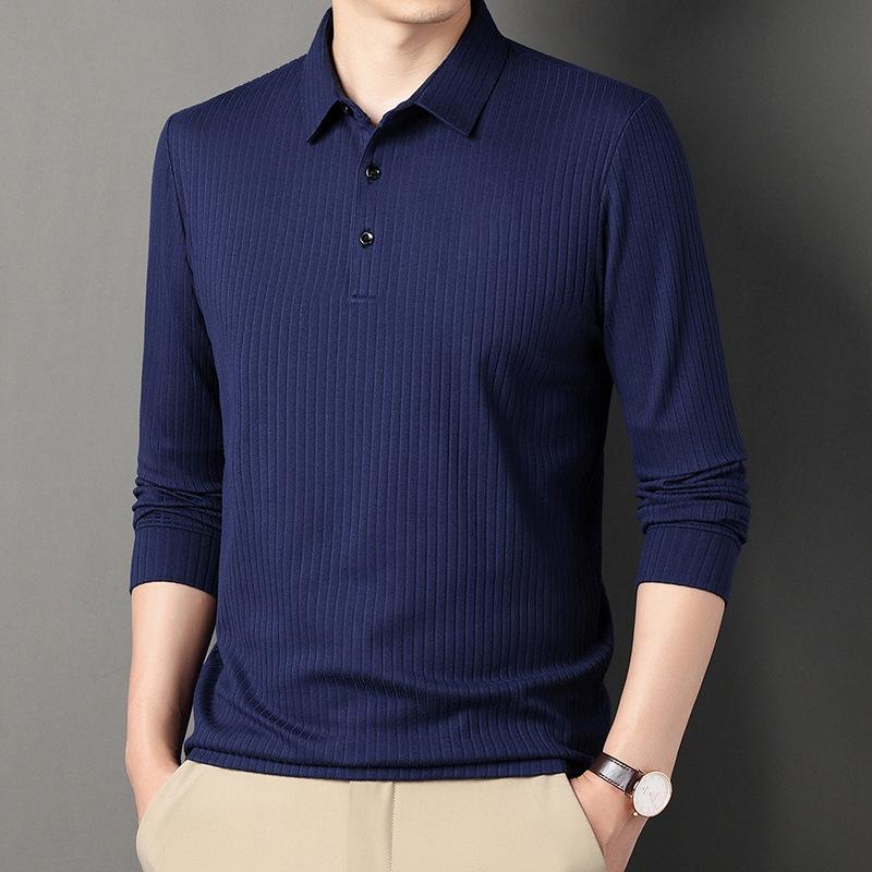 Men's Long Sleeved T-shirt Versatile Polo Shirt Solid Color Striped Business Collar Long Sleeved Breathable T-shirt