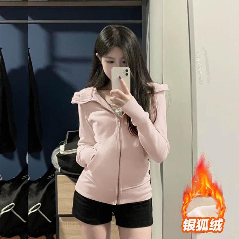 Womens Slim Fit Fleece-Lined Hooded Sweatshirt Short Length Long Sleeve Casual Top Winter