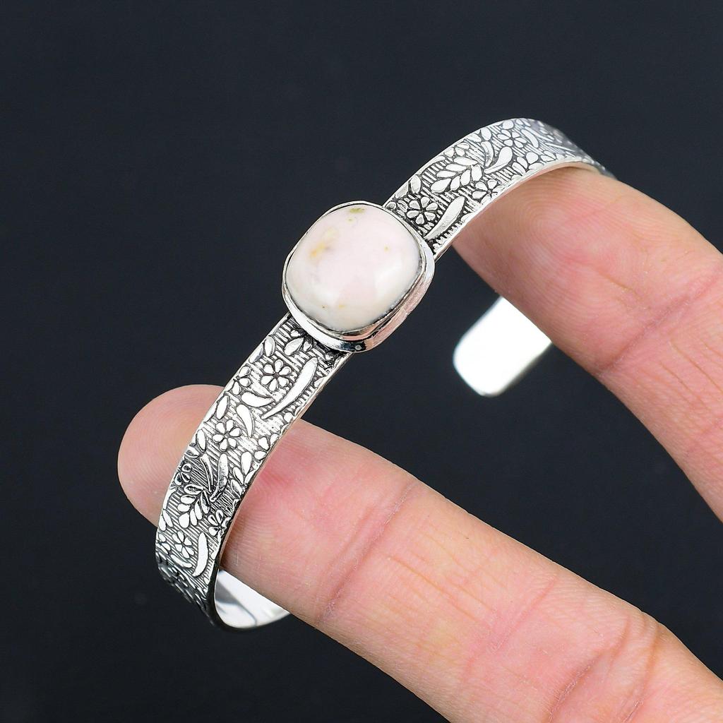 Распродажа ко Дню дочери Овальный розовый опал драгоценный камень Браслет-бенгл из стерлингового серебра 925 пробы