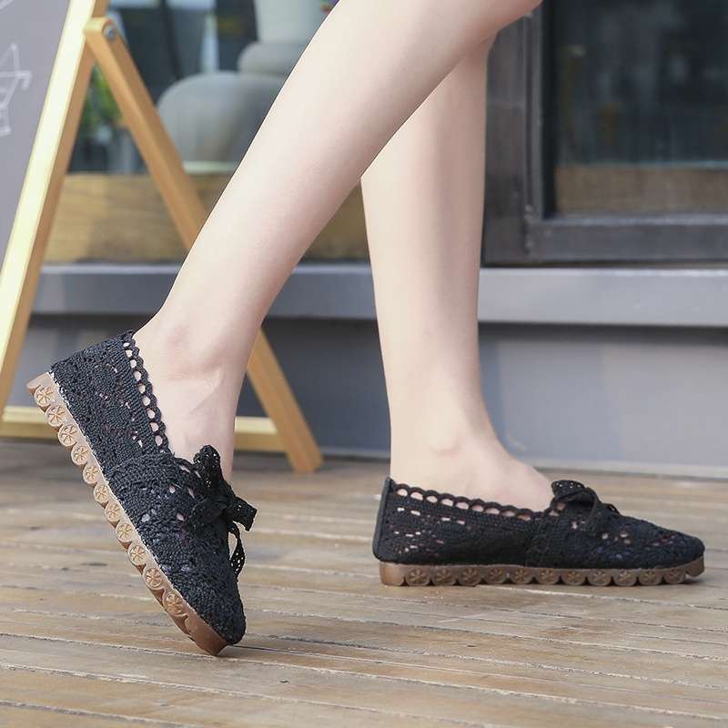 Летние туфли из ткани с бантом женские дышащие кружевные ажурные туфли на мягкой подошве туфли-бини на плоской подошве туфли для беременных вечерние нежные туфли