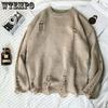 Khaki Ripped Loose Sweater Knitted Pullover Cutout Beggar Round Neck Long Sleeves Simple Casual Men and Women Spring Autumn