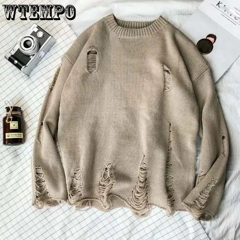 Khaki Ripped Loose Sweater Knitted Pullover Cutout Beggar Round Neck Long Sleeves Simple Casual Men and Women Spring Autumn