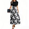 Women's Fashion Casual Belt Short Sleeve Round Neck Retro Printed Splicing Elegant Temperament Dress