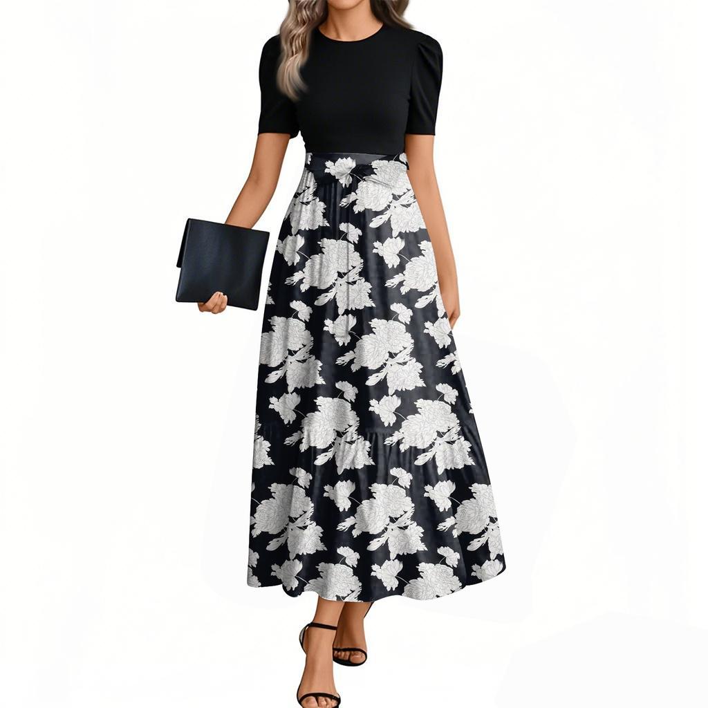 Women's Fashion Casual Belt Short Sleeve Round Neck Retro Printed Splicing Elegant Temperament Dress