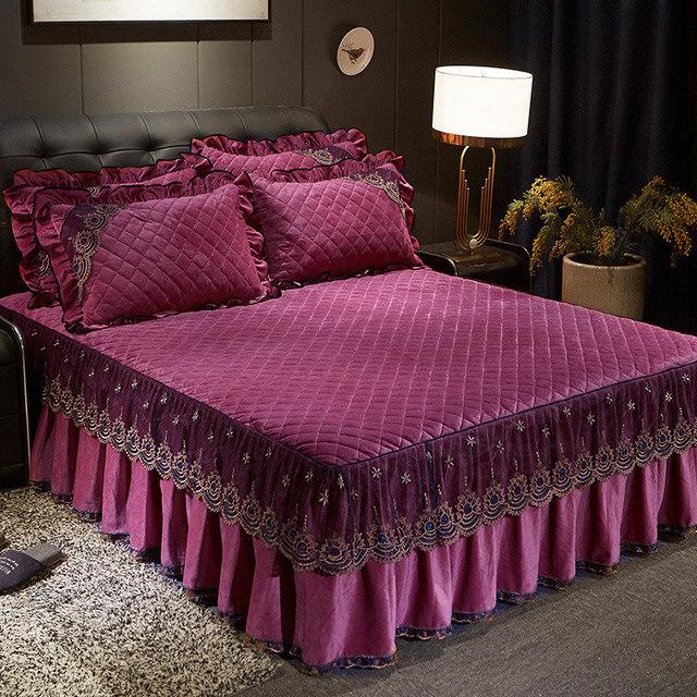 Европейский роскошный бархатный комплект покрывал, кружевная юбка с рюшами, покрывало для односпальной двуспальной кровати, стеганая толстая простыня King Queen, 3 шт.