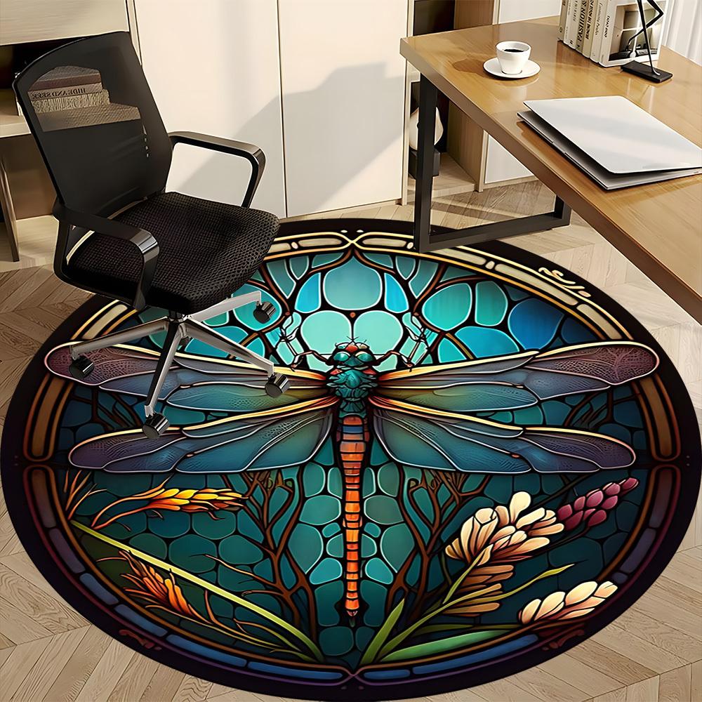 1PC Dragonfly StainedGlass Office Round Area Rug,  Mat Suitable ForOffice, Under Office Chairs Bedroom Living Room Home Decor, Room Deco