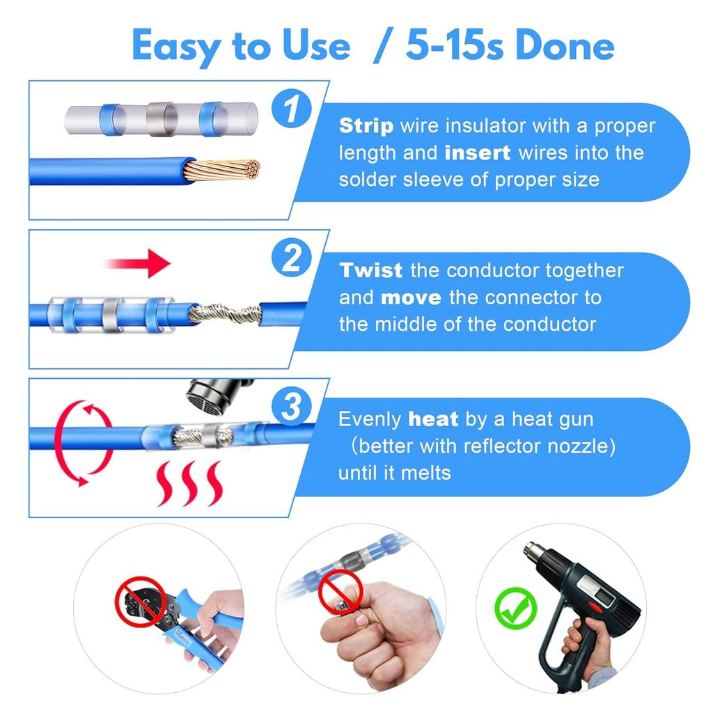 100 шт. разъемы для проводов с пайкой AWG 16-14, синие разъемы с пайкой, термоусадочные, стыковые разъемы, клеммы, паяные муфты, водонепроницаемые