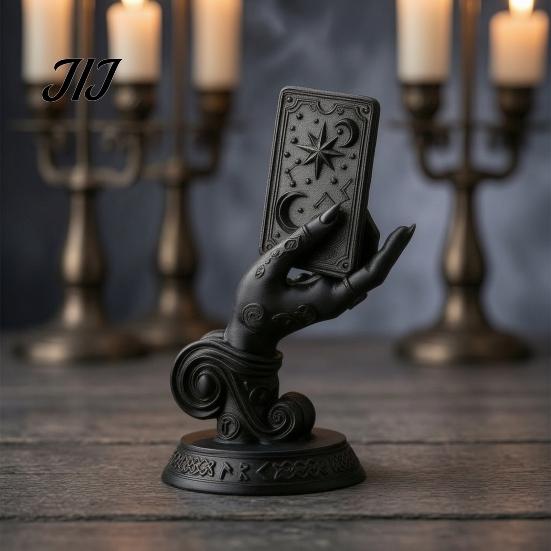 Small Gothic Collectible 3D Printed Mystic Hand Tarot Card Holder Statue, Witch Matte Black Resin Sculpture Palm Figurine, Dark Occult Desktop