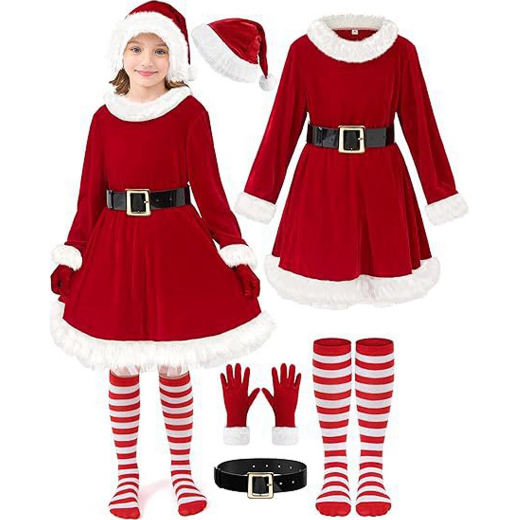 Christmas Girls' Gold Velvet Party Performance Dress Set