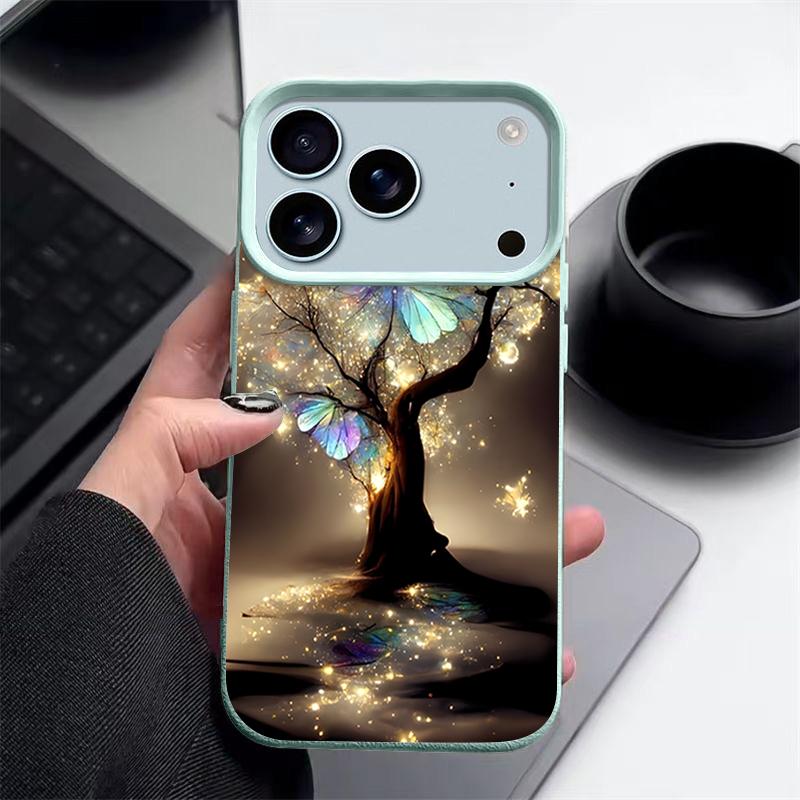 Для iPhone 17 Pro Max Чехол Роскошный Сияющий Фантастическое Дерево Узор Бабочки Кожаная Текстура Силиконовая Крышка Для iPhone 16 Pro Max 15 14 13 12 11 16E Air