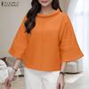 Women Casual Round Neck Loose 3/4 Sleeve Plain Blouse