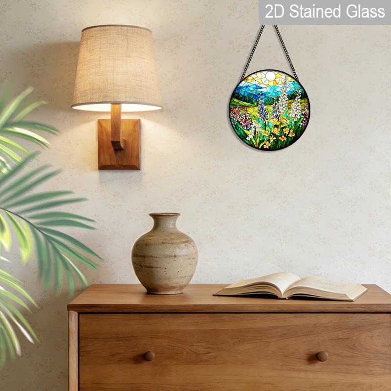 2D плоская витражная цветочная оконная декорация, цветная стеклянная пластина, 7,87 дюйма, подвесное украшение с цепочкой, очаровательный весенне-летний ловчий солнца для дома