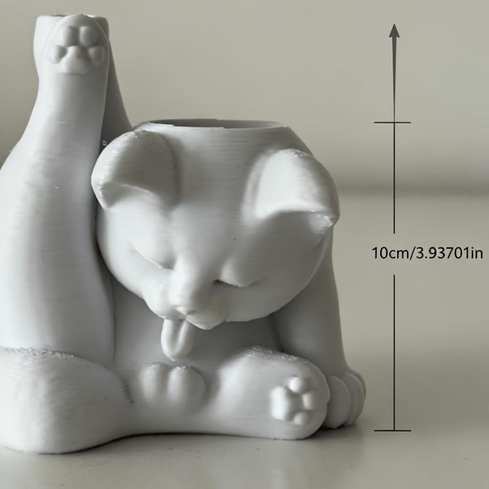 Funny Makeup Brush Holder 3D Printed Desk Storage Box Licking Paw Cat Statue  Stationery Storage