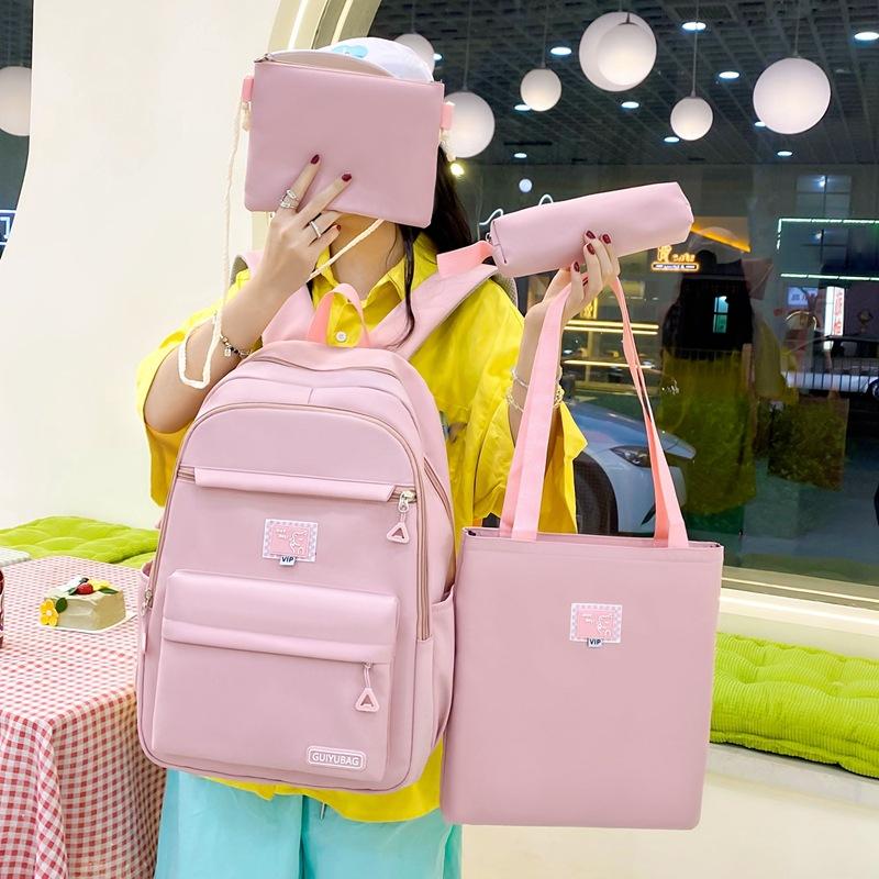 New Schoolbag Simple Solid Color Backpack for Girls Campus Students Four Piece Schoolbag Fashionable Travel Backpack