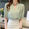 Женская шифоновая рубашка с короткими рукавами и v-образным вырезом, летняя тонкая рубашка, модный топ, тонкие рубашки