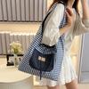Japanese Style Denim Shoulder Bag Lattice Canvas Tote Bag Double Sided Plaid Denim Vest Bag  Travel
