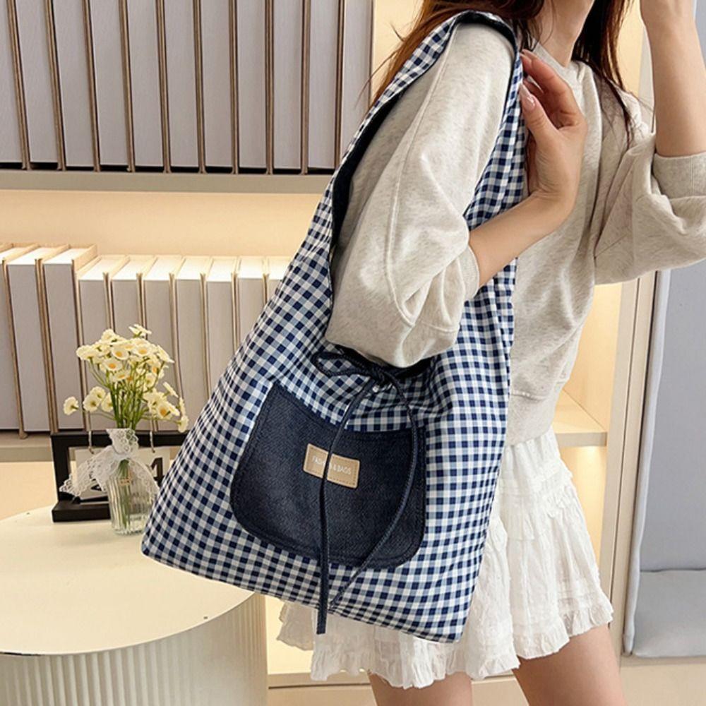 Japanese Style Denim Shoulder Bag Lattice Canvas Tote Bag Double Sided Plaid Denim Vest Bag  Travel
