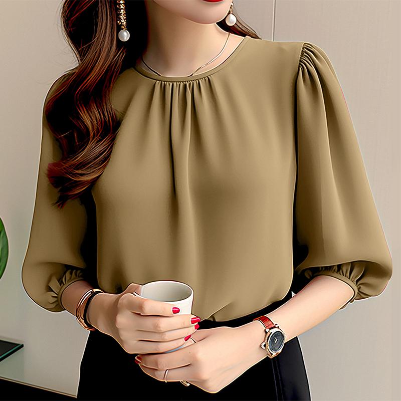 ZANZEA Женская повседневная однотонная свободная блузка с круглым вырезом и рукавом 3/4
