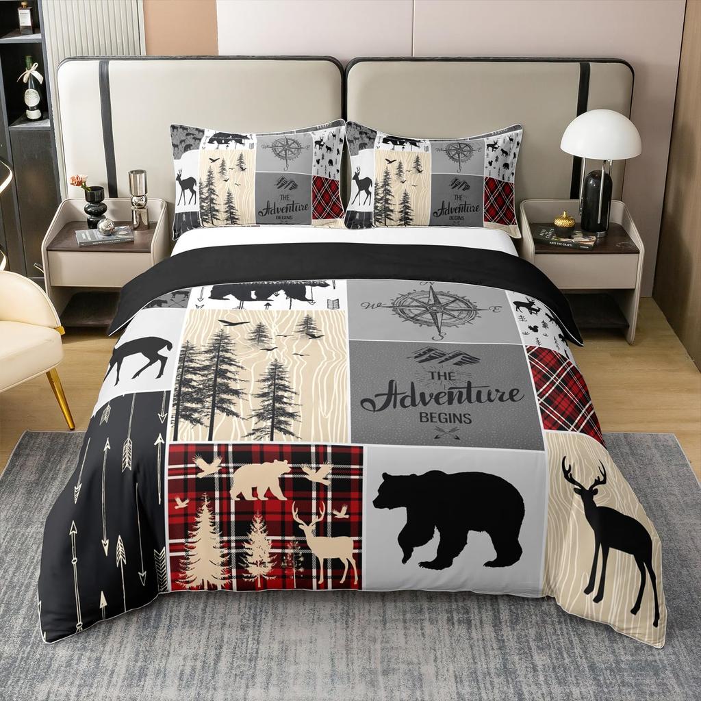 Erosebridal Hunting Deer 100% Cotton Duvet Cover Queen Size for Boys Rustic Farmhouse Bedding Set Bear Adventure Themed Comforter Cover West