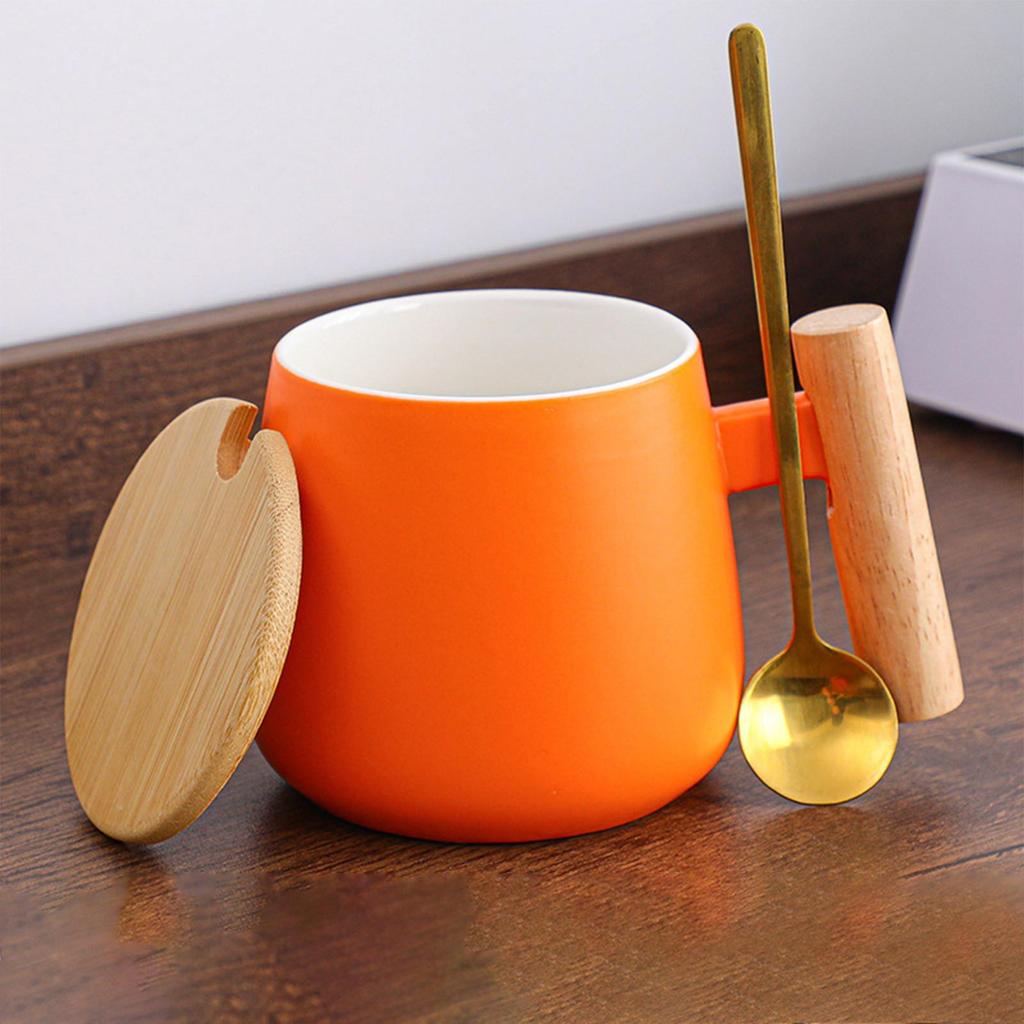 Ceramic Mug Set With Wooden Handle (cup + Lid + Spoon)