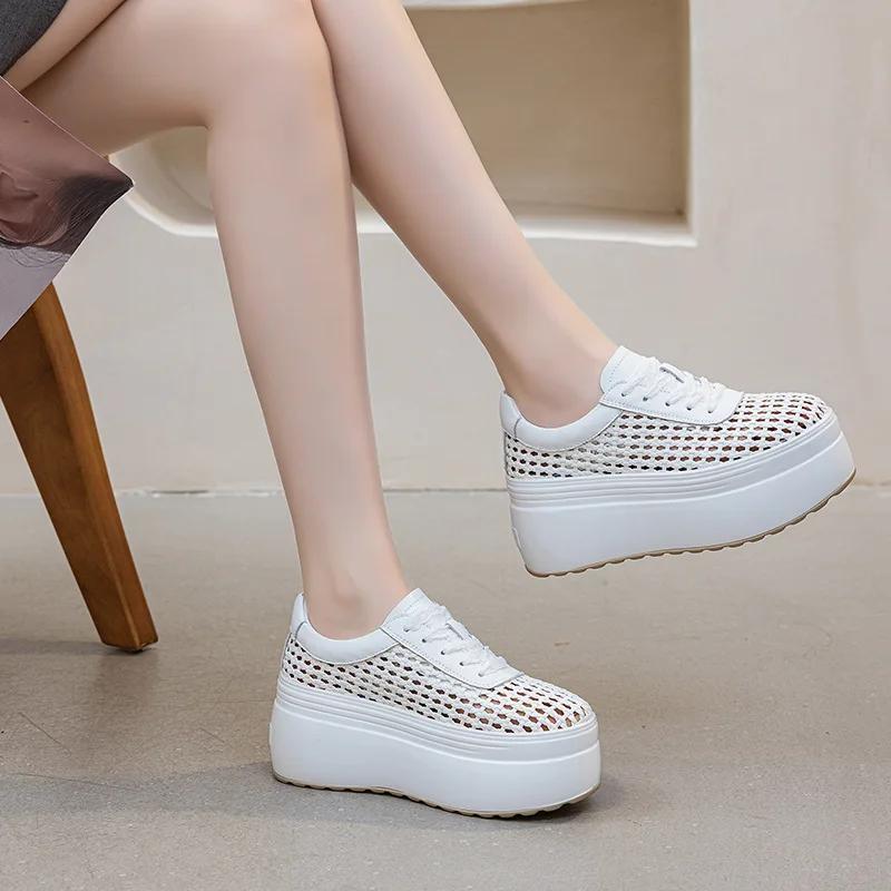 Fashion 8CM Air Mesh Weave Microfiber Genuine Leather High Brand Platform Wedge Fashion Summer Comfy Shoes Sandals Women Chunky Sneaker