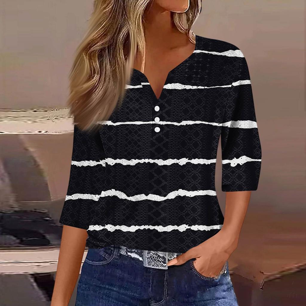 Женская модная футболка с V-образным вырезом, пуговицами, рукавами семь, повседневная полосатая клетчатая футболка с принтом