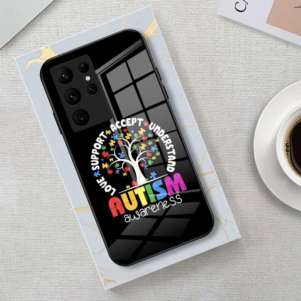 Autism Support Puzzle Phone Case For Samsung S26 S25 Edge Ultra 23 22 21 20 Ultra Plus S24 Fe Glass Cover