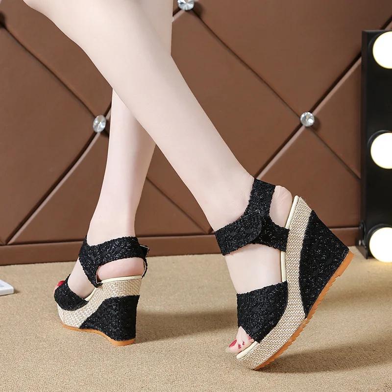 Fashion Summer New Wedge Heel Fish Mouth Sandals, Women's Casual Muffin Thick-soled High-heeled Velcro Women's Shoes