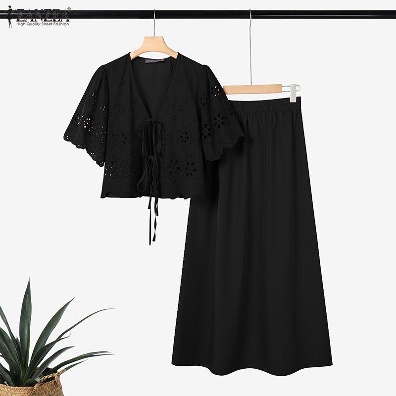 ZANZEA Женская блузка крючком с коротким рукавом и юбки Летние костюмы-двойки