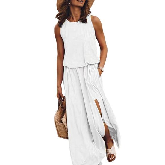 Женское платье-жилет без рукавов с боковыми разрезами и круглым вырезом, плиссированное макси-платье с карманами, однотонное свободное платье для свиданий, повседневных путешествий