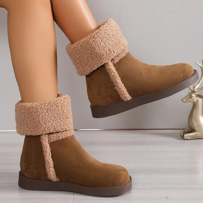Замшевые женские ботильоны на плоской подошве, короткие плюшевые туфли, дизайнерская теплая зимняя обувь 2024 года, новые хлопковые туфли для ходьбы, удобные, Zapatillas Mujer